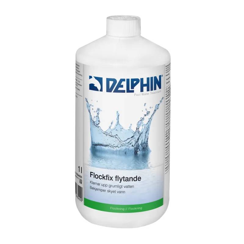Vit 1-liters flaska Delphin Flockfix flytande med vattenstänk-motiv på etiketten, mot vit bakgrund.