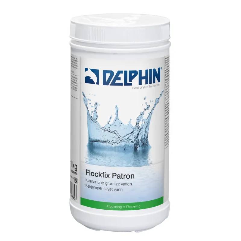 Vit plastburk med Delphin Flockfix Patron 1 kg, etikett med vattenstänk och blå logotyp, grön flockningsrand nedtill.