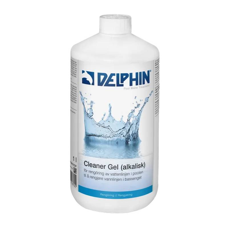 Vit flaska Delphin Cleaner Gel (alkalisk), 1 liter, med bild av vattenstänk och blå etikett.