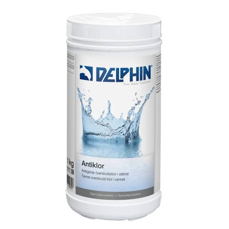 Vit hink med skruvlock av Delphin Antiklor 1 kg, etikett med vattenstänk och text på svenska och norska.