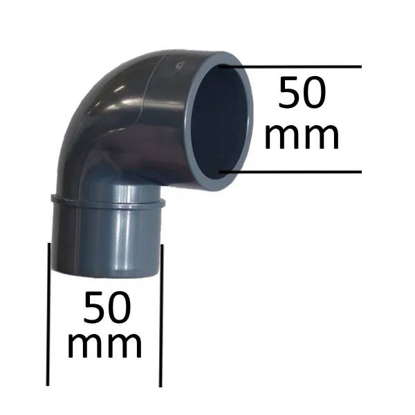 PVC Böj 90° 50mm M/F i grått, vinkelrör med måttangivelser 50 mm för både in- och utlopp.