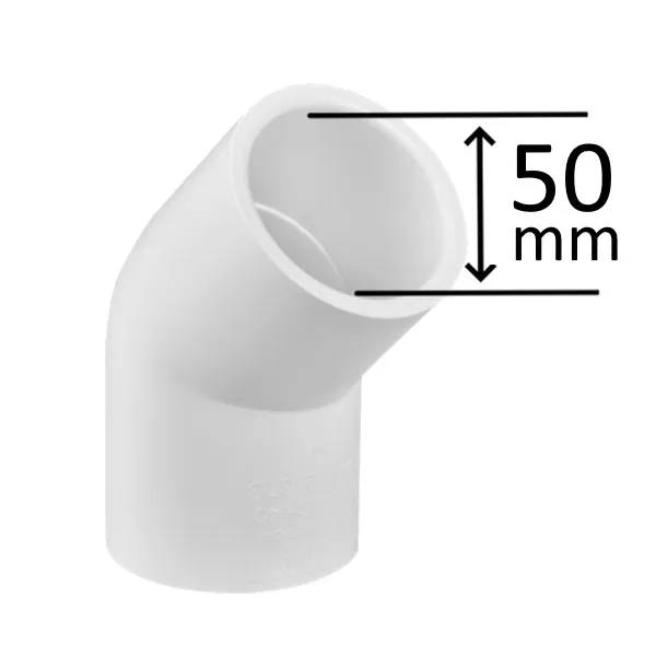 PVC Böj 45° 50mm F/F i vit plast, med måttpil som visar en innerdiameter på 50 mm vid rörets öppning.