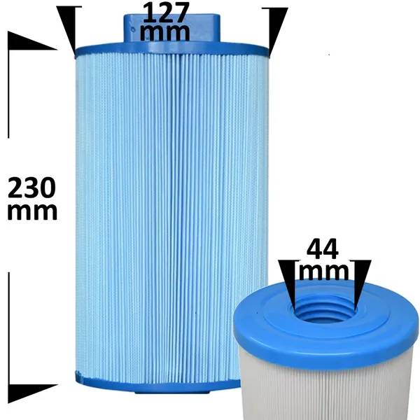 Spafilter PWW35L-M med blå topp, måtten 127 mm bredd och 230 mm höjd samt 44 mm öppning visas i infälld vy.