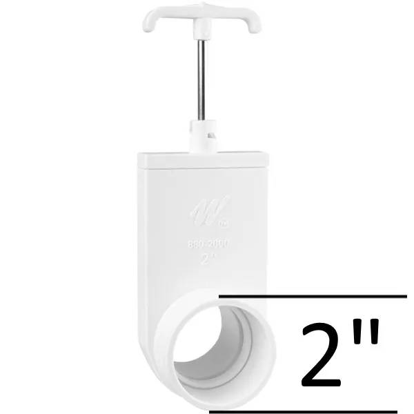 Vit PVC-ventil 2" M/M med T-format handtag, rund anslutning, märkt 880-2000, mot vit bakgrund.