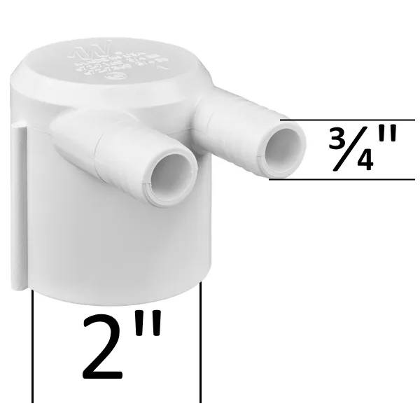Vit fördelare med ändplugg 2P, två anslutningar på 3/4 tum, höjd 2 tum, cylindrisk form.