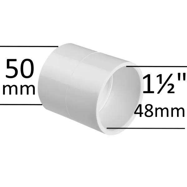 PVC muff 1,5" 50mm F/F i vit plast, rörkoppling med måttangivelser 50mm ytterdiameter och 48mm/1½" innerdiameter.
