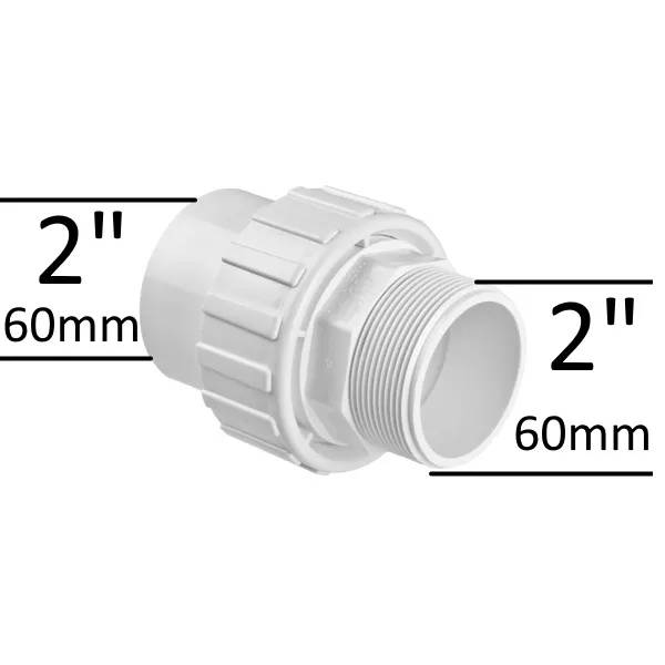 Delbar PVC-koppling 2" med utvändig gänga 2" MPT, vit plast med räfflad låsring, båda anslutningarna 60 mm.