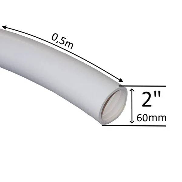Poolslang PVC 2" 0,5 m i vit korrugerad plast, böjd med måttangivelser för längd och diameter 60 mm.