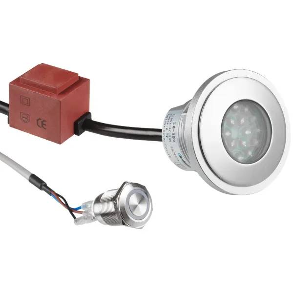 Slimlite Ø 52 Colourstop LED-spotlight med metallram, transformator och tryckknapp med kabel.