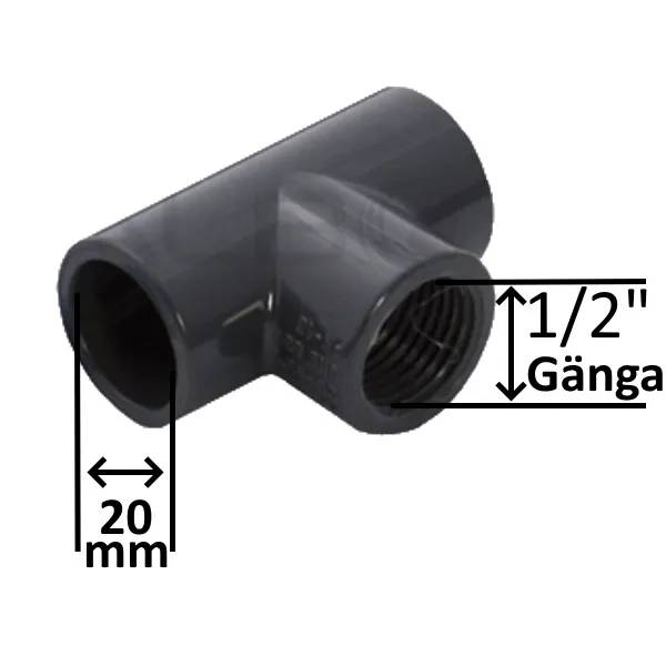 T-koppling 90° i grått PVC med 20 mm limmuff på båda sidor och 1/2" innergänga i mitten.