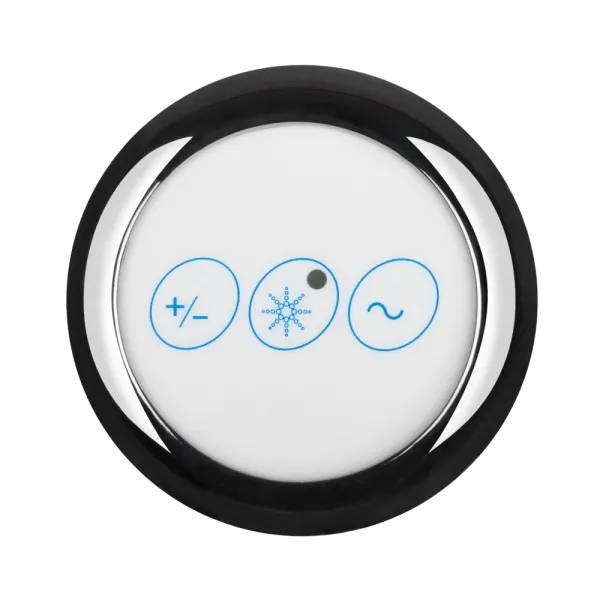 HydroAir Genesis blower touch pad sedd rakt framifrån, vit rund panel med tre blå symboler i svart ram.