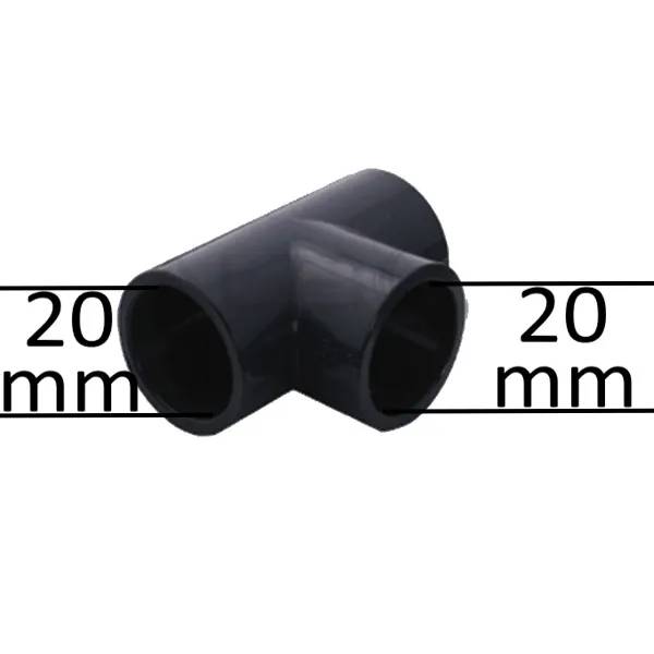 T-koppling 20 x 20 x 20 mm i svart PVC med måttlinjer som visar 20 mm på båda horisontella anslutningarna.