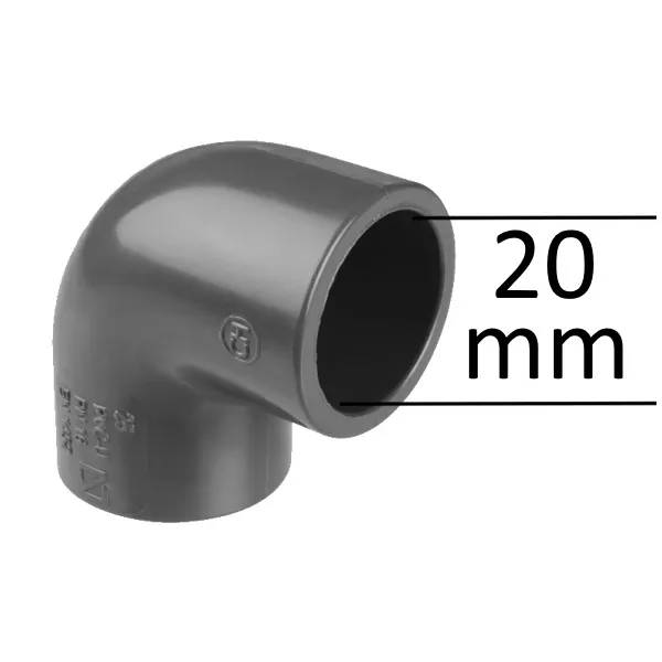 Grå PVC-böj 90° 20mm F/F i plast med två honkopplingar, måttsatt med markeringen 20 mm vid rörets öppning.