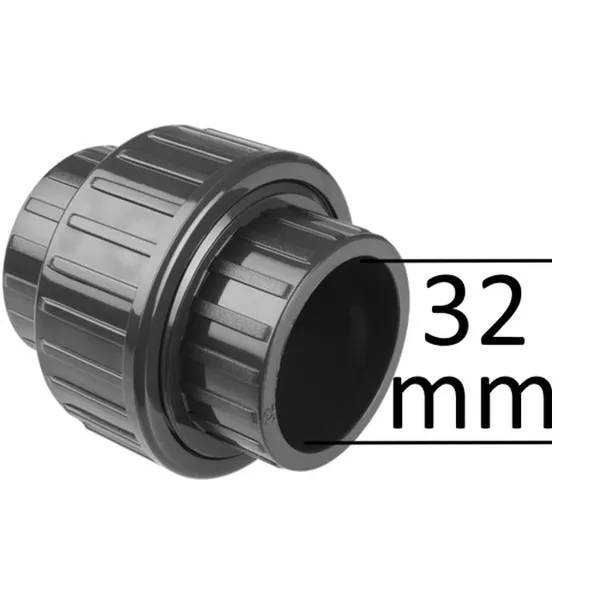 Delbar PVC-koppling 32mm F/F i grått, unionskoppling med gängad ring, måttmarkering 32 mm vid öppningen.
