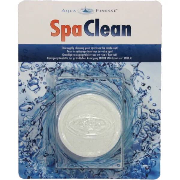 Förpackning med AquaFinesse SpaClean, en vit rengöringstablett i plastblister mot bakgrund med vattenstänk.