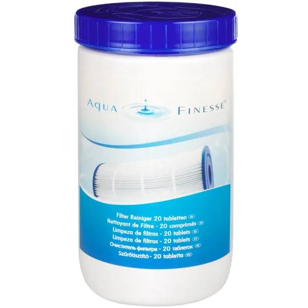 Vit burk med blått lock, AquaFinesse Filter Reiniger, 20 tabletter för rengöring av spafilter, med filterbild på etiketten.