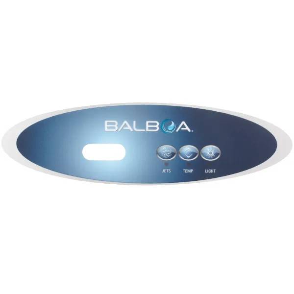 Ovalt Balboa-panelöverlägg VL260 med tre knappar för Jets, Temp och Light samt ett rektangulärt displayfönster.