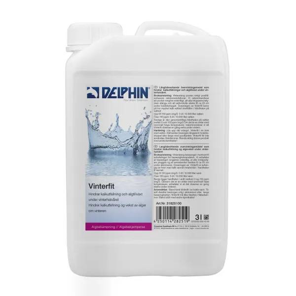 Vit 3-liters dunk med bärhandtag av Delphin Vinterfit, etikett med vattenstänk mot lila botten, sedd rakt framifrån.