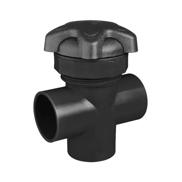 Jazzi 2" diverter valve i svart plast med vredformat handtag ovanpå ett T-format rörkors, sedd snett framifrån.