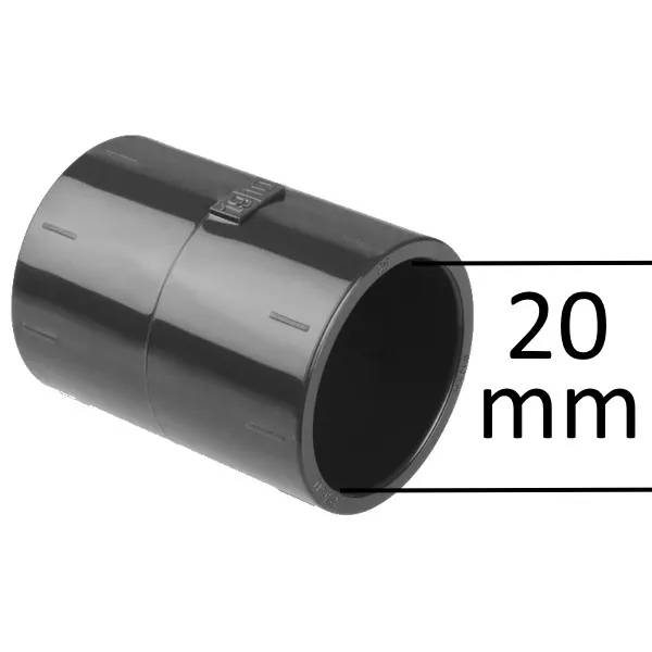Svart PVC-muff 20 x 20mm F/F i plast, rörkoppling med innerdiameter markerad som 20 mm med mätlinjer.