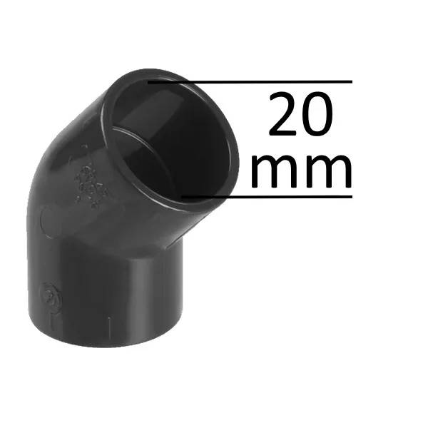 Grå PVC-vinkel 45° 20 x 20mm F/F med diameter markerad som 20 mm, för anslutning av rör i pool eller spabad.