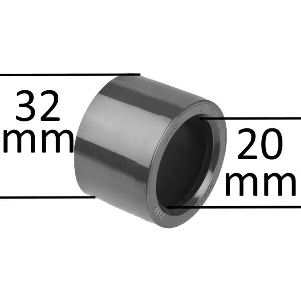 Adapter 20 mm x 32 mm F/M i svart PVC, kort rörkoppling med måttlinjer som visar ytterdiameter 32 mm och innerdiameter 20 mm.