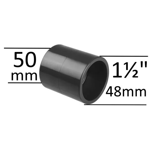 PVC adapter 50 mm 1,5" F/F i svart plast, med måttangivelser 50 mm ytterdiameter och 48 mm innerdiameter.