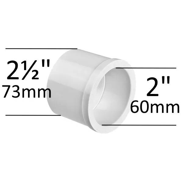 PVC Adapter 2½" x 2" i vit plast, sedd snett från sidan med måttangivelser 73mm ytterdiameter och 60mm innerdiameter.