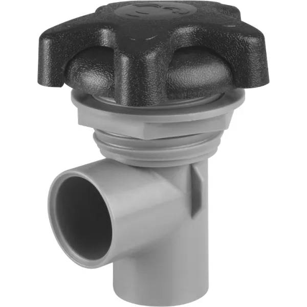 Jazzi 1" on/off-ventil med grå PVC-vinkelkoppling och svart stjärnformad vred sett snett framifrån.