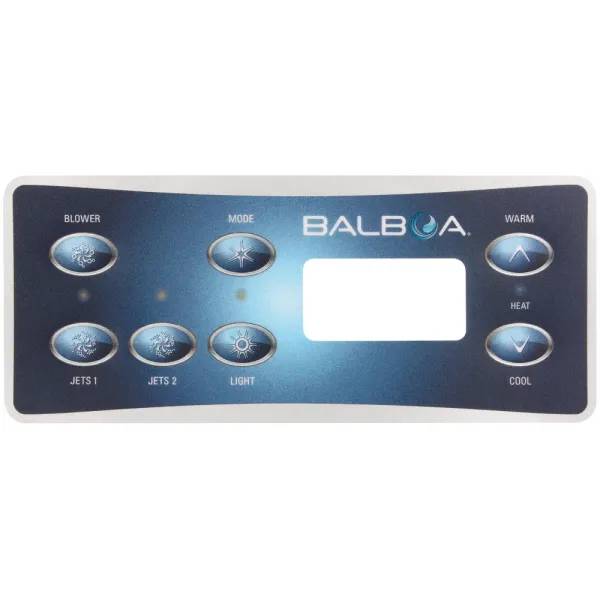 Balboa-panelen VL701S ovanifrån med knapparna Blower, Mode, Warm, Jets 1, Jets 2, Light och Cool samt tom displayruta.