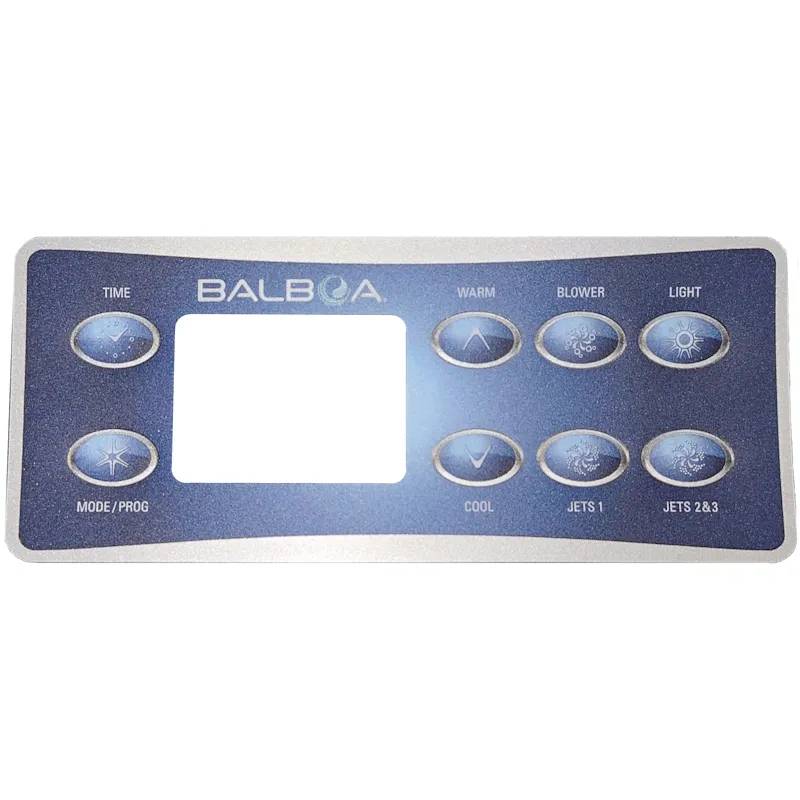 Overlay VL801D Jet 2&3 - Balboa kontrollpanel med tom displayruta och åtta knappar: Time, Mode/Prog, Warm, Cool, Blower, J...
