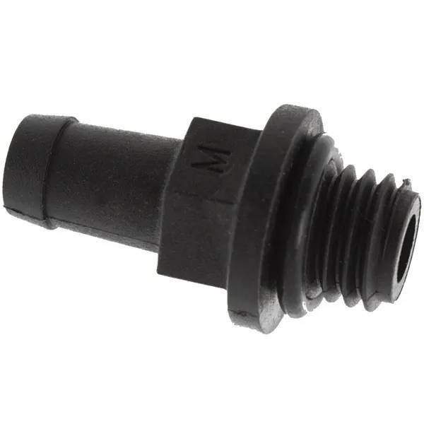 LX Dränerings Adapter Gammal, svart plastkoppling med gängad anslutning och slangnippel, bokstaven M ingjuten.