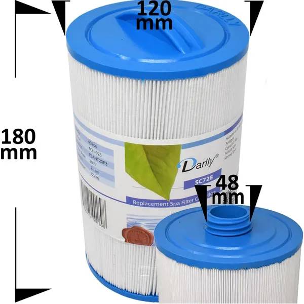 Spafilter Darlly SC728 med veckat filtermaterial, blå topp och gänga, måtten 120 mm, 180 mm och 48 mm utsatta.