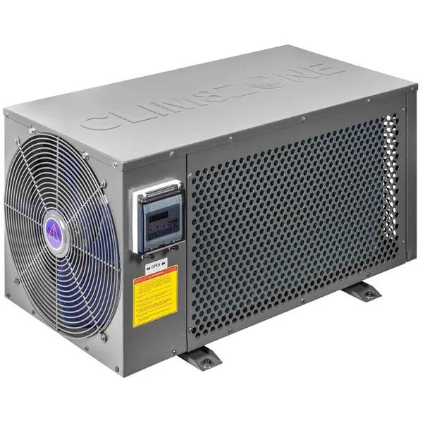 Balboa Clim8zone värmepump för pool i grått metallhölje med stor fläkt och digital kontrollpanel.