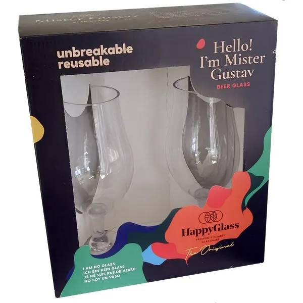 Förpackning till Mister Gustav Beer Glass från HappyGlass med två återanvändbara ölglas synliga genom fönster i lådan.