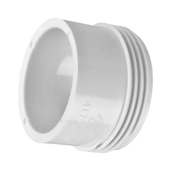 Värmaradapter 1 1/2 tum i vit plast med räfflad gänga på utsidan, sedd snett framifrån mot öppningen.