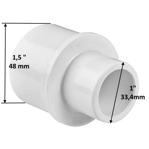 Vit PVC-adapter 1,5" till 1" med måttangivelser 48 mm respektive 33,4 mm, koppling för spabad och pooler.