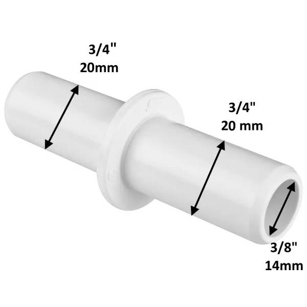 Skarvrör 20mm M 14mm F i vit plast, med måttpilar som visar 3/4" (20mm) i båda ändar och 3/8" (14mm) invändig diameter.