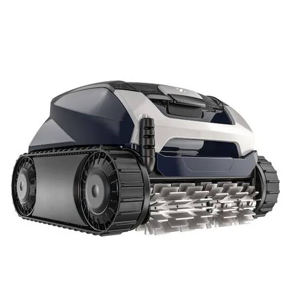 Zodiac RE 4200 poolrobot sedd snett framifrån, med svarta larvband och borstvals under kåpan i vitt och marinblått.