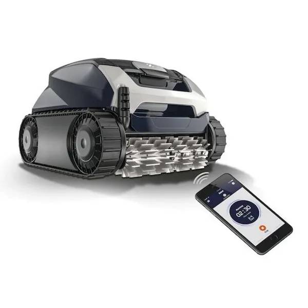 Zodiac RE 4600 iQ poolrobot i grått och mörkblått med drivband, ansluten trådlöst till mobilapp som visar rengöringstid.