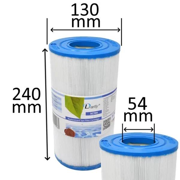 Darlly SC705 spafilter med veckat filtermaterial, blå toppar och måttangivelser 130 mm, 240 mm och 54 mm.