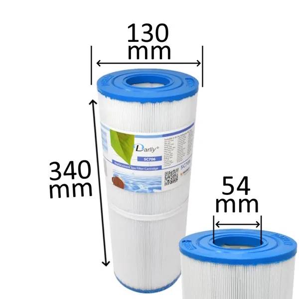 Darlly SC706 spafilter med veckat filtermaterial och blå topp, måttsatt med diameter 130 mm, höjd 340 mm och centrumhål 54...