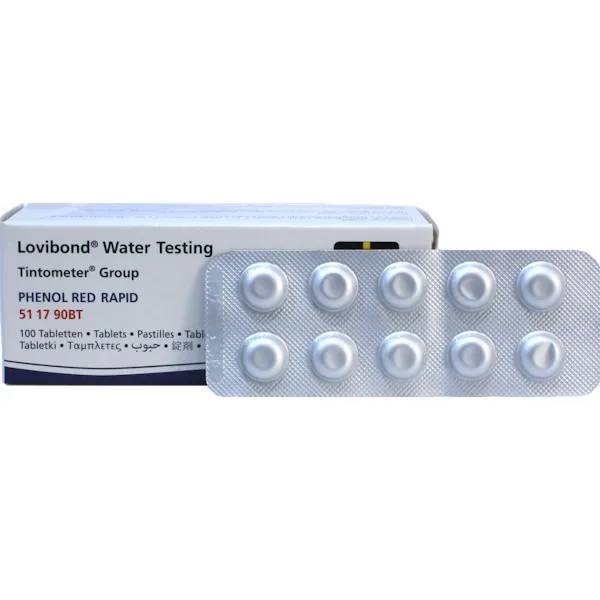 Förpackning med Lovibond Phenol Red Rapid testtabletter, 100 st, samt en silverfärgad blisterkarta med tabletter framför.