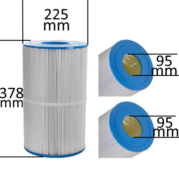 Spafilter Darlly SC881 med veckat filtermaterial, blå ändkapsel, diameter 225 mm, höjd 378 mm och centrumhål 95 mm.