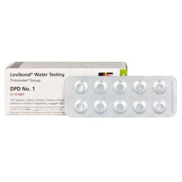 Förpackning av Lovibond DPD No. 1 testtabletter för vattentestning, med tillhörande blisterkarta med 10 tabletter.