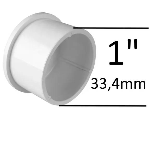 PVC plugg 1 tum i vit plast, rund koppling med måttangivelse 33,4mm diameter, mot vit bakgrund.