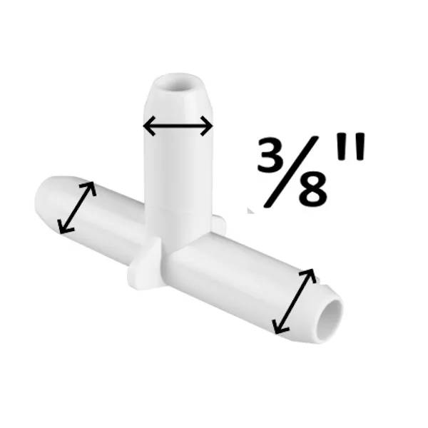 Skarvkoppling T 90 grader 3/8" i vit plast, sedd snett underifrån mot de tre öppna rörändarna.