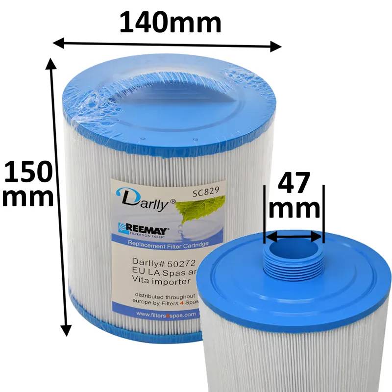 Spafilter Darlly SC829 med veckat filtermaterial, blå topp, måtten 140 mm diameter, 150 mm höjd och 47 mm gänganslutning.