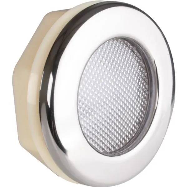 Lamparmatur 5" sedd snett från sidan, med krom infattning och strukturerad glaslins mot beige bakplatta.