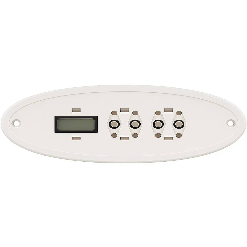 Balboa Panel VL260, ovalt kontrollpanel med LCD-display och fyra runda knappar, monteringshål på vardera sida.